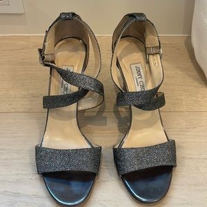 Jimmy Choo Silver Sparkle Cross Strap Wedge